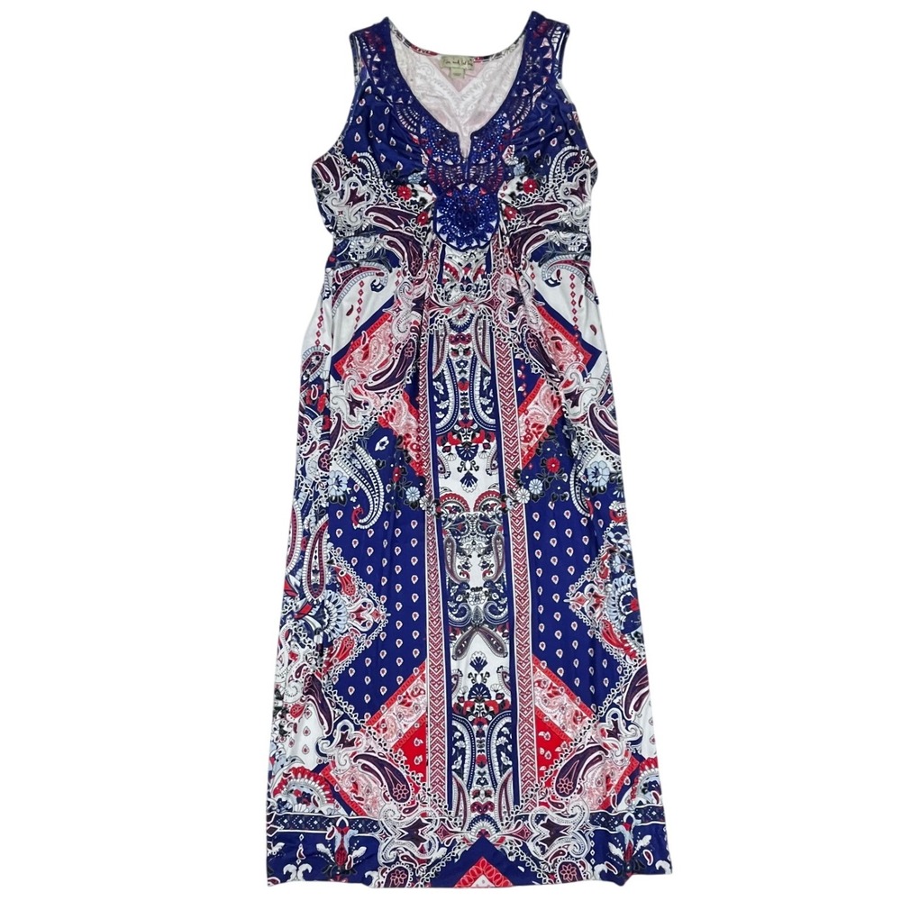 Live and Let Live Womens Medium Paisley Bandana Print Maxi Dress Blue Red White